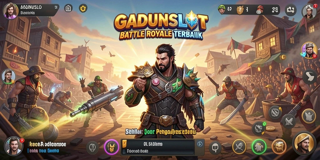 Screenshot GADUNSLOT menampilkan aksi pertempuran seru di arena Battle Royale.