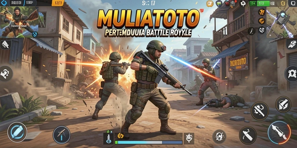 Screenshot menampilkan pertarungan seru dalam <strong>MULIATOTO</strong> dengan berbagai senjata dan pemandangan luas.